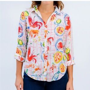 Calypso St. Barth Cajun Novelty Print Button Down Linen Blend Top Vacation Sz M